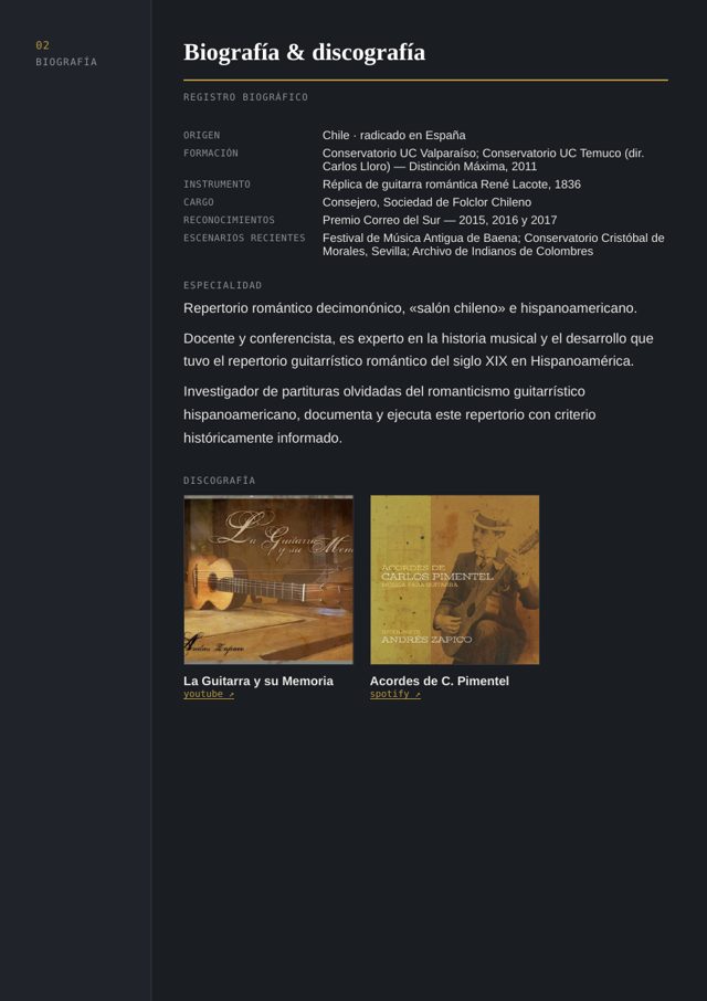 Página de biografía del dossier de Andrés Zapico